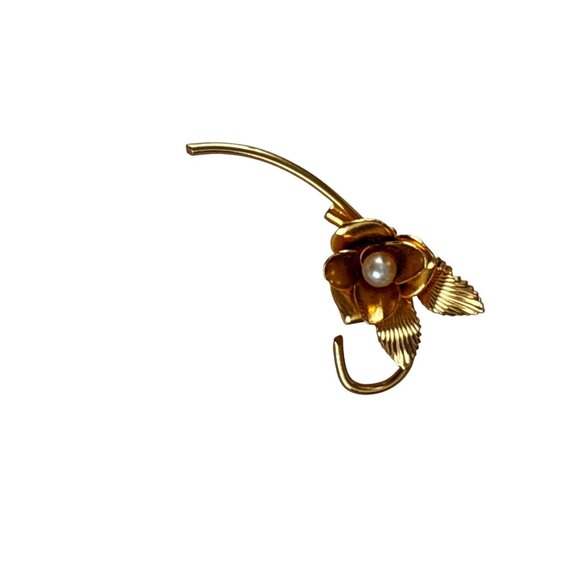 Vintage Gold Tone Flower Brooch w/ Faux Pearl Center Floral Leaf Pin 1.75" - Picture 1 of 6
